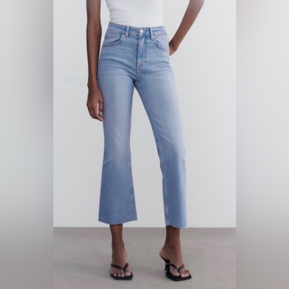 Zara TRF Cropped Mini Flare High Waist Jeans - Light Wash